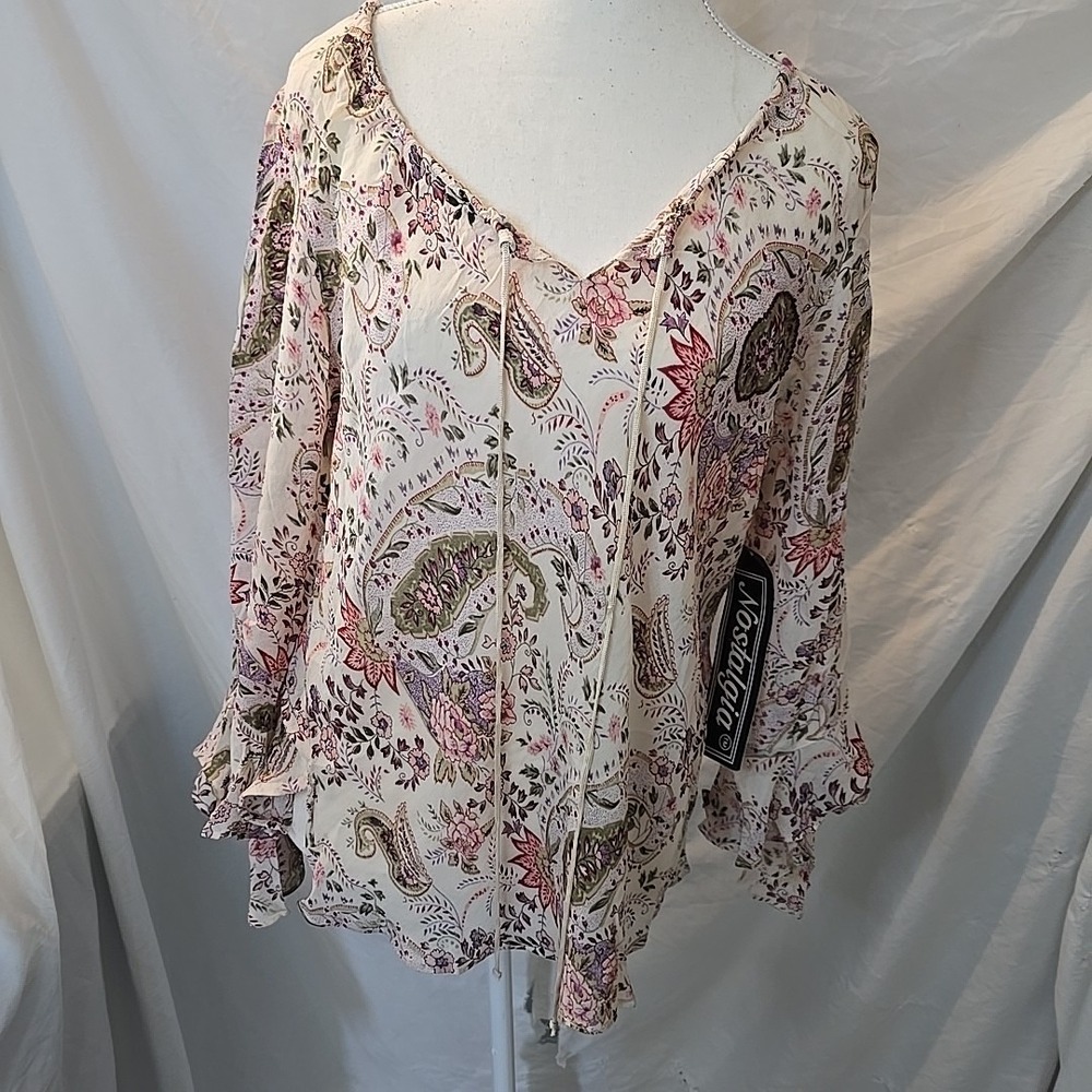 Nostalgia‎ Lightweight Flowy Sheer Top Paisley Design Ruffle Long Sleeve NWT L
